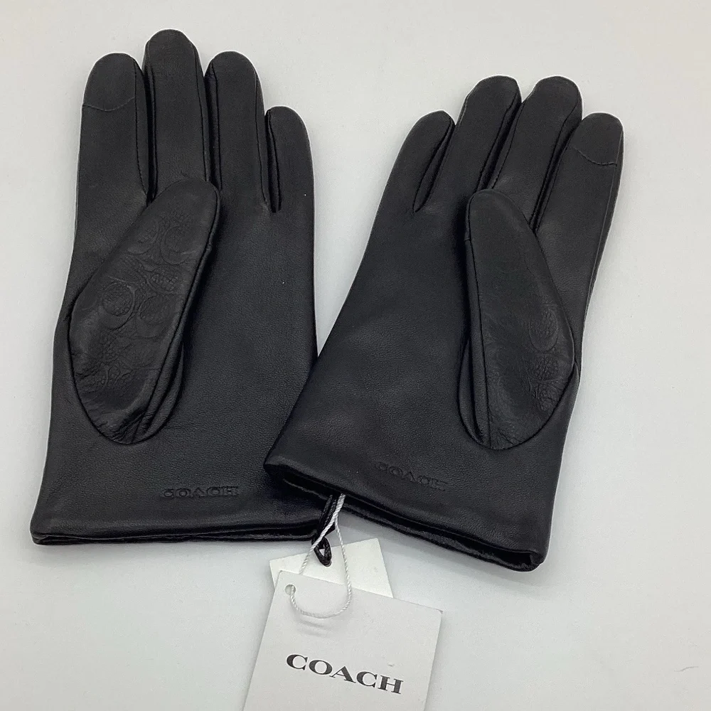2150. Coach Black Leather Signature Insignia Gloves Size XS/S